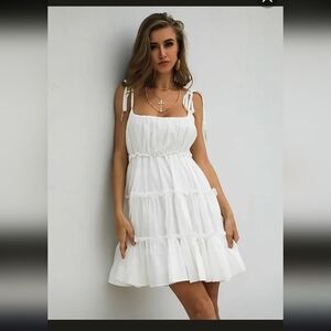 Miss Ord White Tiered Mini Dress Sundress Lined Shoulder Ties Sz XS Coquette
